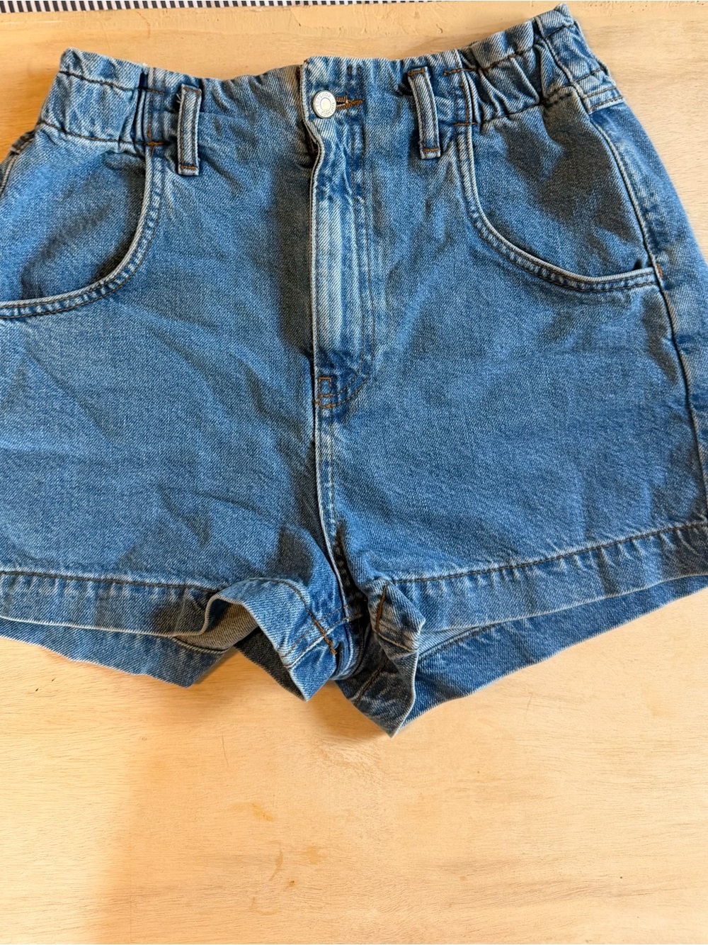 Topshop Blue High-Rise Elastic Waist Denim Shorts